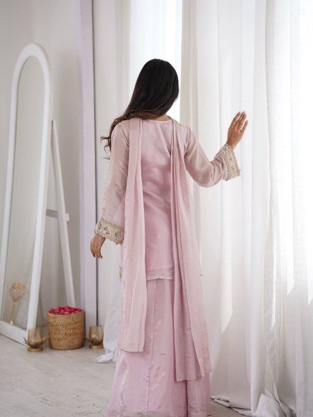 Baby Pink Women Wear Traditional Mirror Work And Heavy Lace Work Plazzo Set With Dupatta Ready To Wear Collection