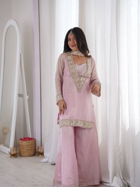 Baby Pink Women Wear Traditional Mirror Work And Heavy Lace Work Plazzo Set With Dupatta Ready To Wear Collection