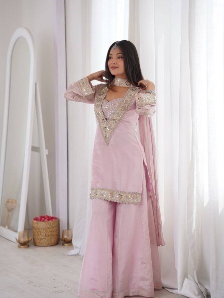 Baby Pink Women Wear Traditional Mirror Work And Heavy Lace Work Plazzo Set With Dupatta Ready To Wear Collection