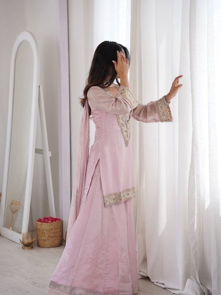 Baby Pink Women Wear Traditional Mirror Work And Heavy Lace Work Plazzo Set With Dupatta Ready To Wear Collection