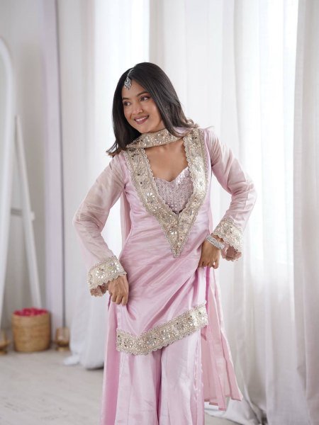 Baby Pink Women Wear Traditional Mirror Work And Heavy Lace Work Plazzo Set With Dupatta Ready To Wear Collection