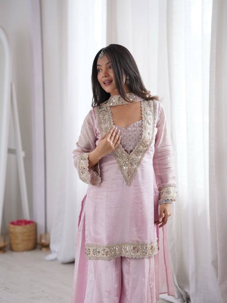 Baby Pink Women Wear Traditional Mirror Work And Heavy Lace Work Plazzo Set With Dupatta Ready To Wear Collection