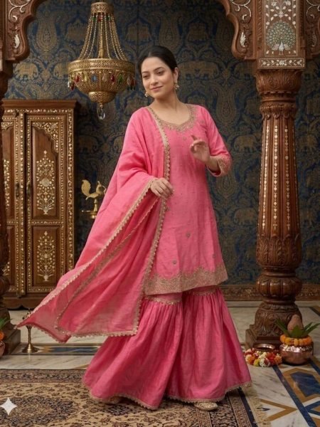 Balanced look Chinnon Silk Moti Work Top And Embroidered Sarara with Fancy Lace Designer Dupatta 