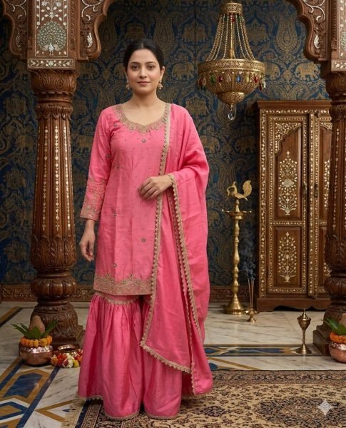 Balanced look Chinnon Silk Moti Work Top And Embroidered Sarara with Fancy Lace Designer Dupatta Ready To Wear Collection