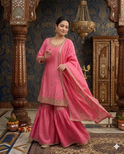 Balanced look Chinnon Silk Moti Work Top And Embroidered Sarara with Fancy Lace Designer Dupatta Ready To Wear Collection