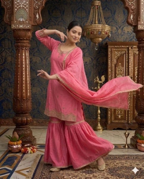 Balanced look Chinnon Silk Moti Work Top And Embroidered Sarara with Fancy Lace Designer Dupatta Ready To Wear Collection