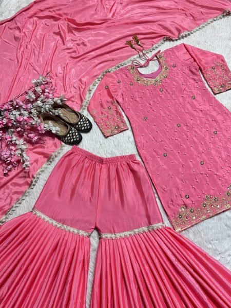 Balanced look Chinnon Silk Moti Work Top And Embroidered Sarara with Fancy Lace Designer Dupatta Ready To Wear Collection