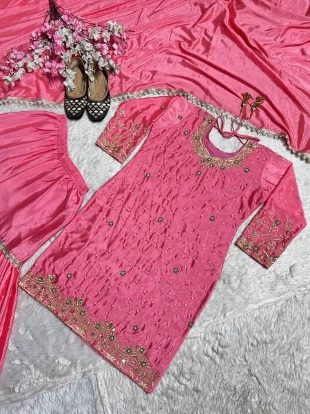 Balanced look Chinnon Silk Moti Work Top And Embroidered Sarara with Fancy Lace Designer Dupatta Ready To Wear Collection