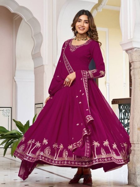 Balanced Shade Pink Faux Georgette Festive Wear Gown with Designer Finish Ready To Wear Suit
