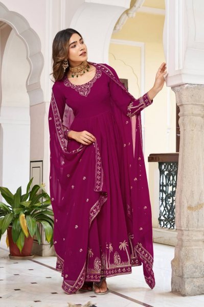 Balanced Shade Pink Faux Georgette Festive Wear Gown with Designer Finish Ready To Wear Collection