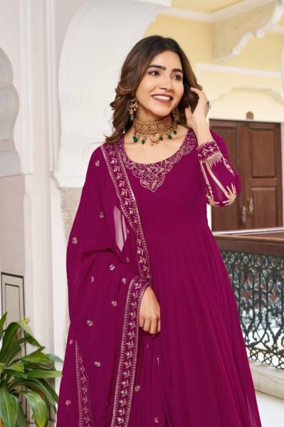 Balanced Shade Pink Faux Georgette Festive Wear Gown with Designer Finish Ready To Wear Collection