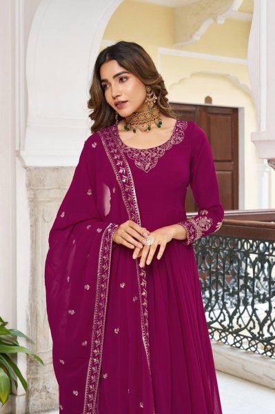 Balanced Shade Pink Faux Georgette Festive Wear Gown with Designer Finish Ready To Wear Collection