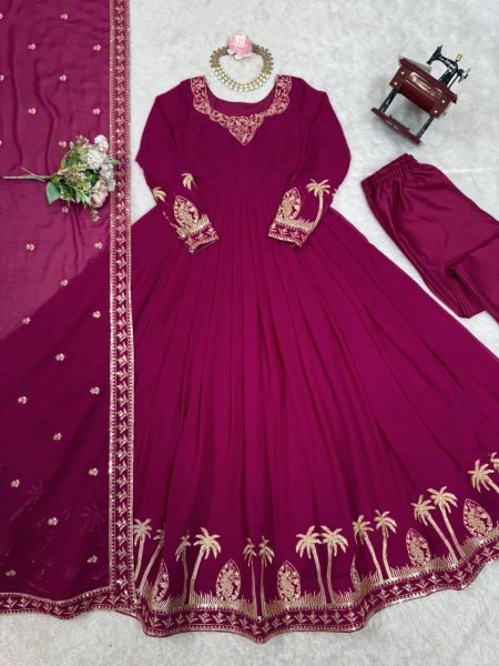 Balanced Shade Pink Faux Georgette Festive Wear Gown with Designer Finish Ready To Wear Collection