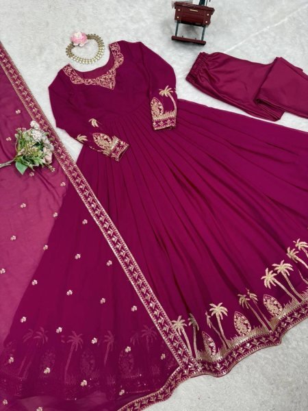 Balanced Shade Pink Faux Georgette Festive Wear Gown with Designer Finish Ready To Wear Collection