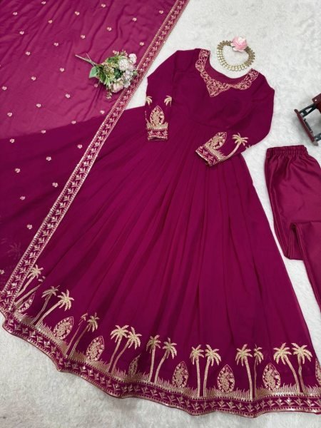 Balanced Shade Pink Faux Georgette Festive Wear Gown with Designer Finish Ready To Wear Collection