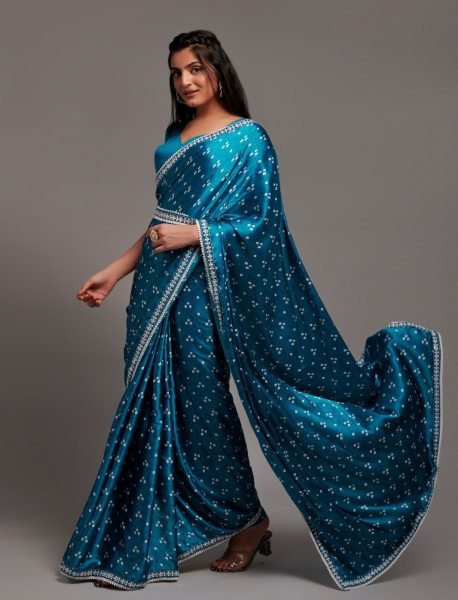 Bandhani Japan Satin Digital Print   Embroidery Sequence Border Lace Saree Bandhej Sarees Wholesale