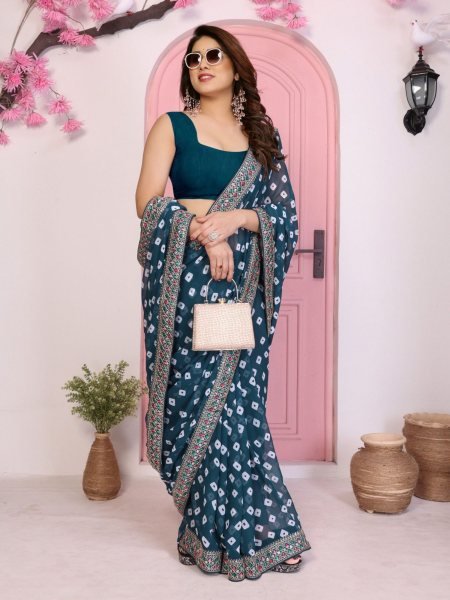 Graceful Teal Green Bandhej Georgette Saree Best for Weddings Look Sarees 