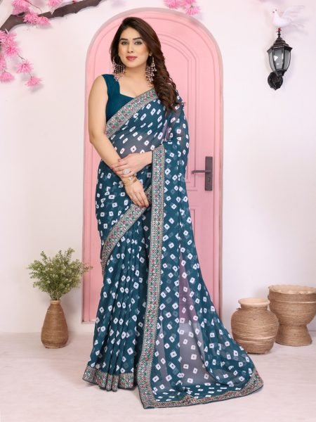 Graceful Teal Green Bandhej Georgette Saree Best for Weddings Look Georgette Sarees Wholesale