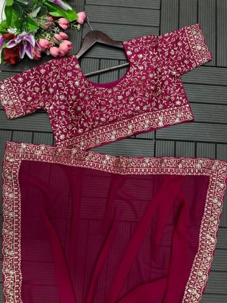 Barbie Pink Heavy Georgette Saree with Ruffle and Sequin Embroidery Bollywood Party Wear Ready To Wear Saree 