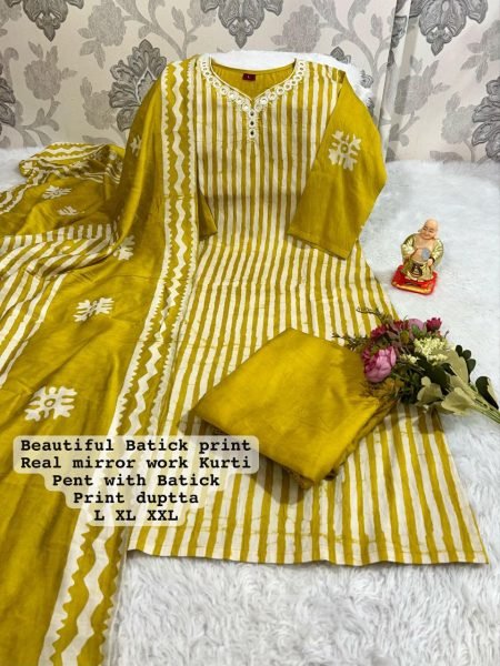 Batik Print Kurti Pant Dupatta New Updated  3 Piece Kurti Set