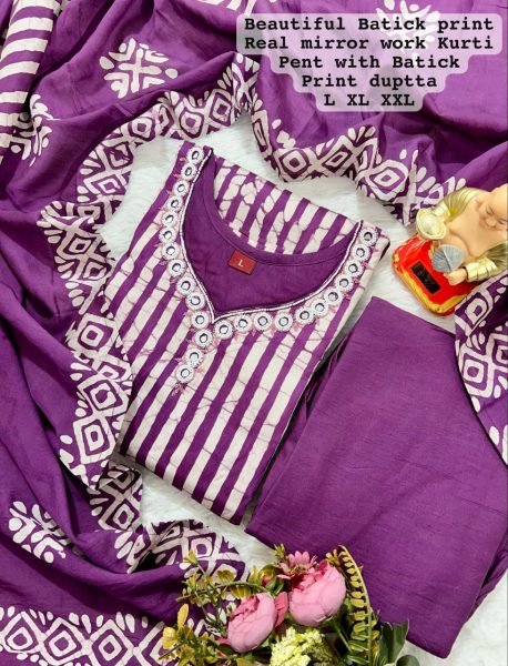 Batik Print Kurti Pant Dupatta New Updated  3 Piece Kurti Set
