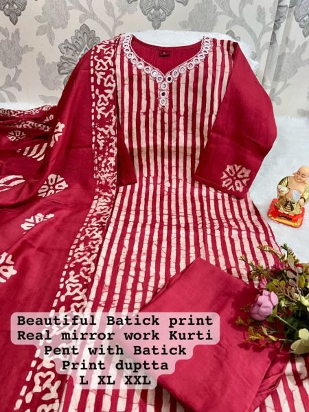 Batik Print Kurti Pant Dupatta New Updated  3 Piece Kurti Set