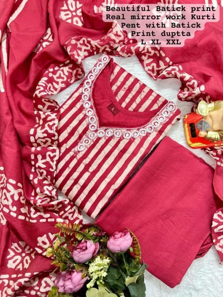 Batik Print Kurti Pant Dupatta New Updated  3 Piece Kurti Set