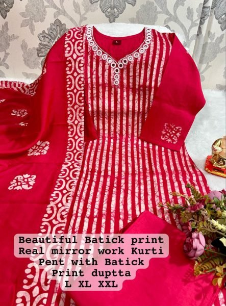 Batik Print Kurti Pant Dupatta New Updated  3 Piece Kurti Set