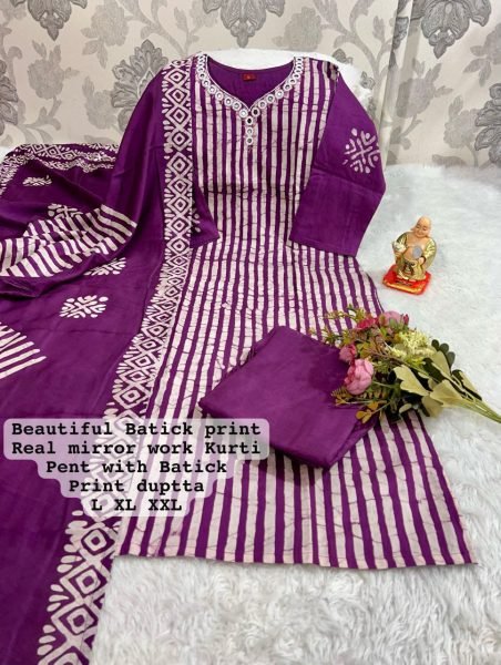 Batik Print Kurti Pant Dupatta New Updated  3 Piece Kurti Set