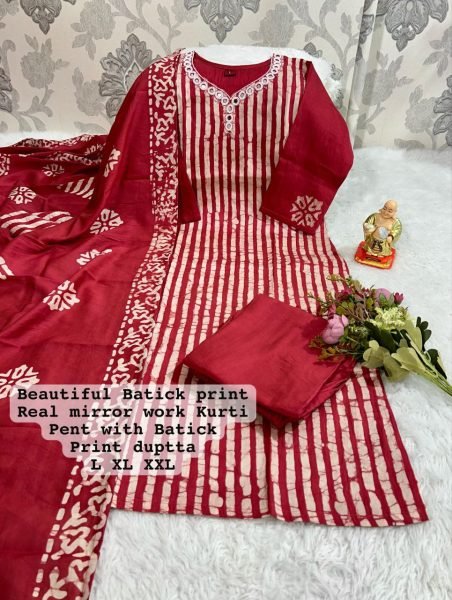Batik Print Kurti Pant Dupatta New Updated  3 Piece Kurti Set