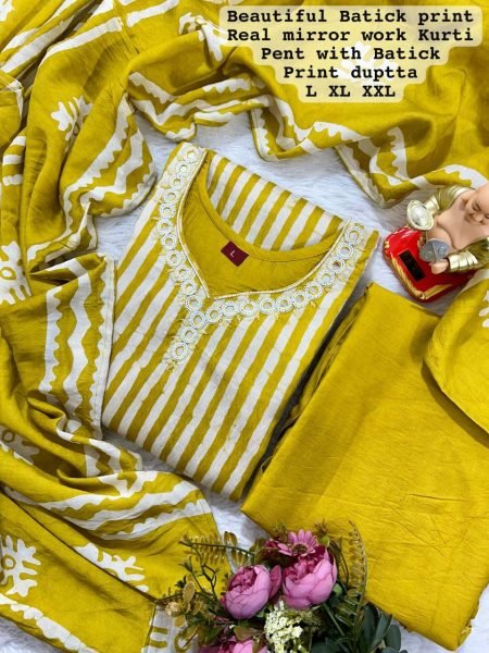 Batik Print Kurti Pant Dupatta New Updated  3 Piece Kurti Set