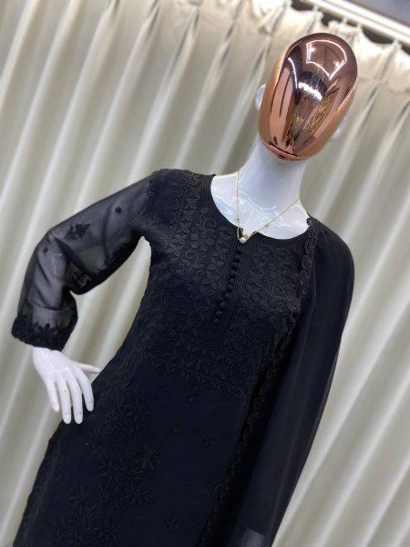 Black Georgette Embroidered Kurti Pant with Dupatta Evening Wear Lucknowi Chikankari Kurtis Wholesale