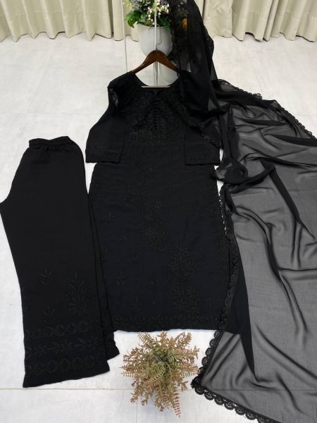 Black Georgette Embroidered Kurti Pant with Dupatta Evening Wear Lucknowi Chikankari Kurtis Wholesale