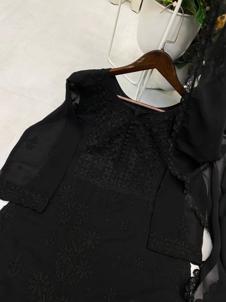Black Georgette Embroidered Kurti Pant with Dupatta Evening Wear Lucknowi Chikankari Kurtis Wholesale