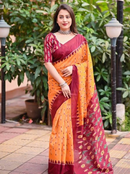 Beautiful Beige Printed Linen Cotton Saree Pure Quality with Tassels Wholesale Price Sarees 