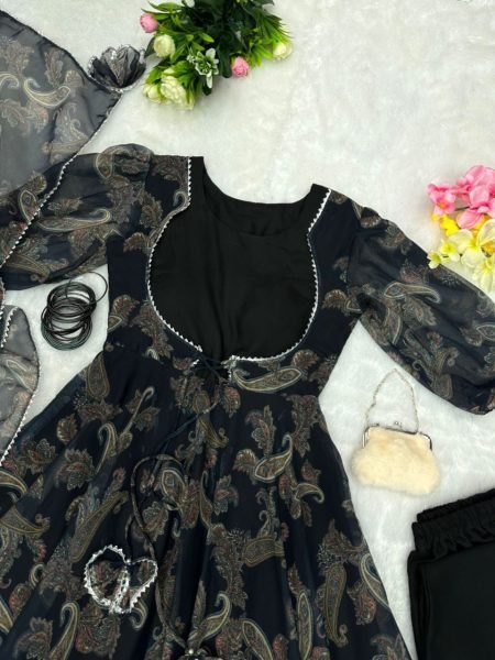 Beautiful Black Digital Print Georgette Anarkali Dress For Party  Ready To Wear Collection