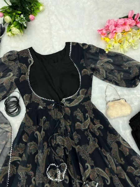 Beautiful Black Digital Print Georgette Anarkali Dress For Party  Ready To Wear Collection