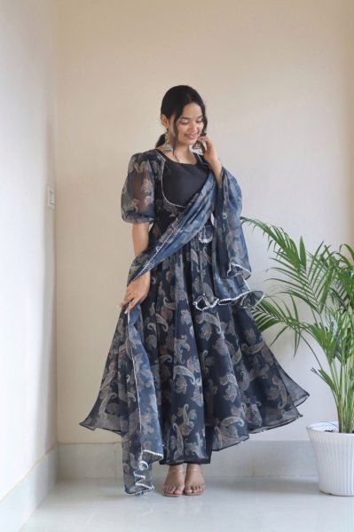 Beautiful Black Digital Print Georgette Anarkali Dress For Party  Ready To Wear Collection