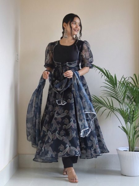 Beautiful Black Digital Print Georgette Anarkali Dress For Party  Ready To Wear Collection