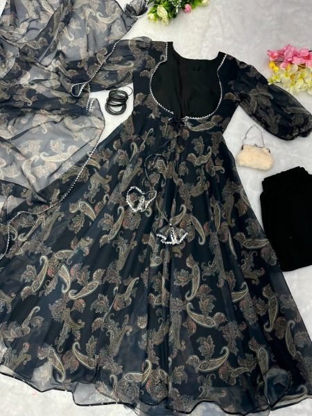 Beautiful Black Digital Print Georgette Anarkali Dress For Party  Ready To Wear Collection
