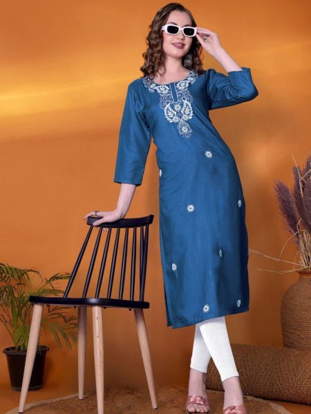 Beautiful Blue Ready to Wear  Rayon Slub Kurti for Women with Three-Quarter Sleeves for for Casual Outings