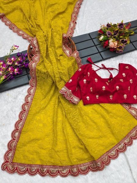 Beautiful Chikankari Embroidery Sequins Work Georgette Saree Georgette Sarees Wholesale