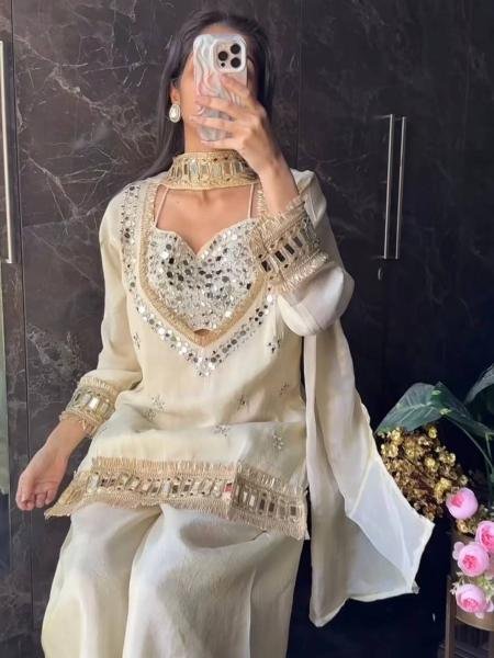 Beautiful Chinon Bustier Plazo Set with Real Mirror and Lace Work Dupatta – Wholesale Collection 