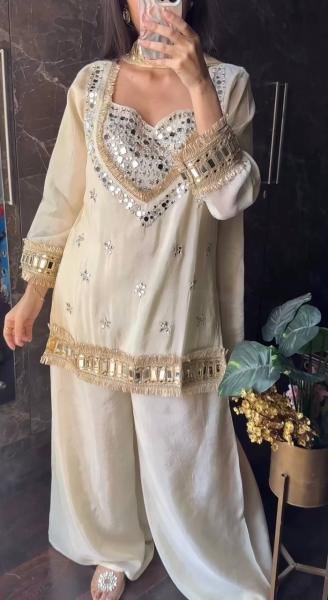 Beautiful Chinon Bustier Plazo Set with Real Mirror and Lace Work Dupatta – Wholesale Collection Ready To Wear Collection