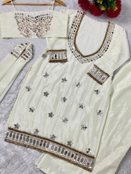 Beautiful Chinon Bustier Plazo Set with Real Mirror and Lace Work Dupatta – Wholesale Collection Ready To Wear Collection