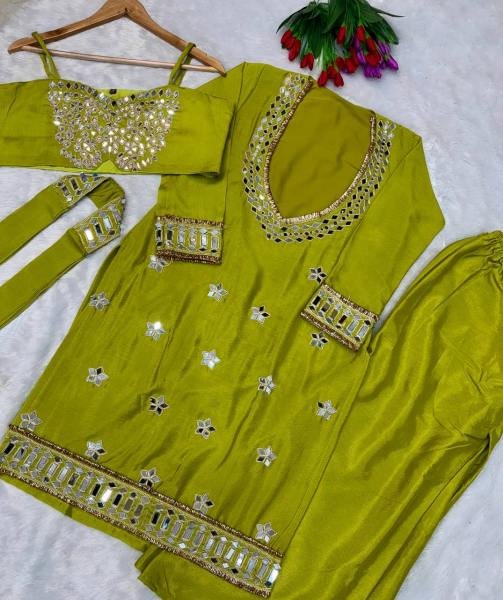 Beautiful Chinon Bustier Plazo Set with Real Mirror and Lace Work Dupatta – Wholesale Collection Ready To Wear Collection