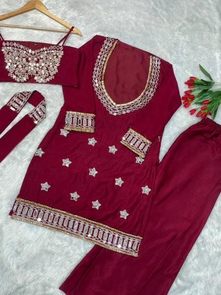 Beautiful Chinon Bustier Plazo Set with Real Mirror and Lace Work Dupatta – Wholesale Collection Ready To Wear Collection
