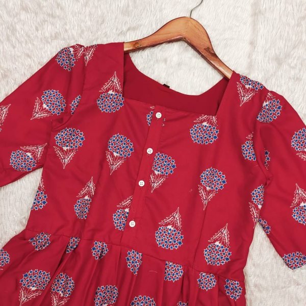 Beautiful Cotton Red Printed Half Sleeves Anarkali Gown Kurti Dress for Women Cotton Kurtis Wholesale