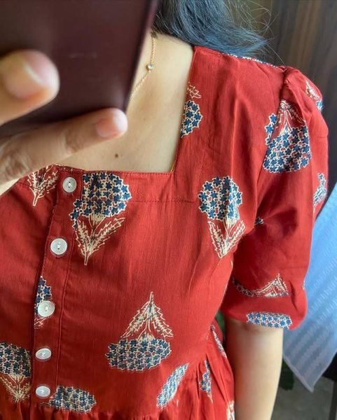 Beautiful Cotton Red Printed Half Sleeves Anarkali Gown Kurti Dress for Women Cotton Kurtis Wholesale