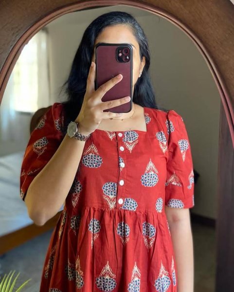 Beautiful Cotton Red Printed Half Sleeves Anarkali Gown Kurti Dress for Women Cotton Kurtis Wholesale